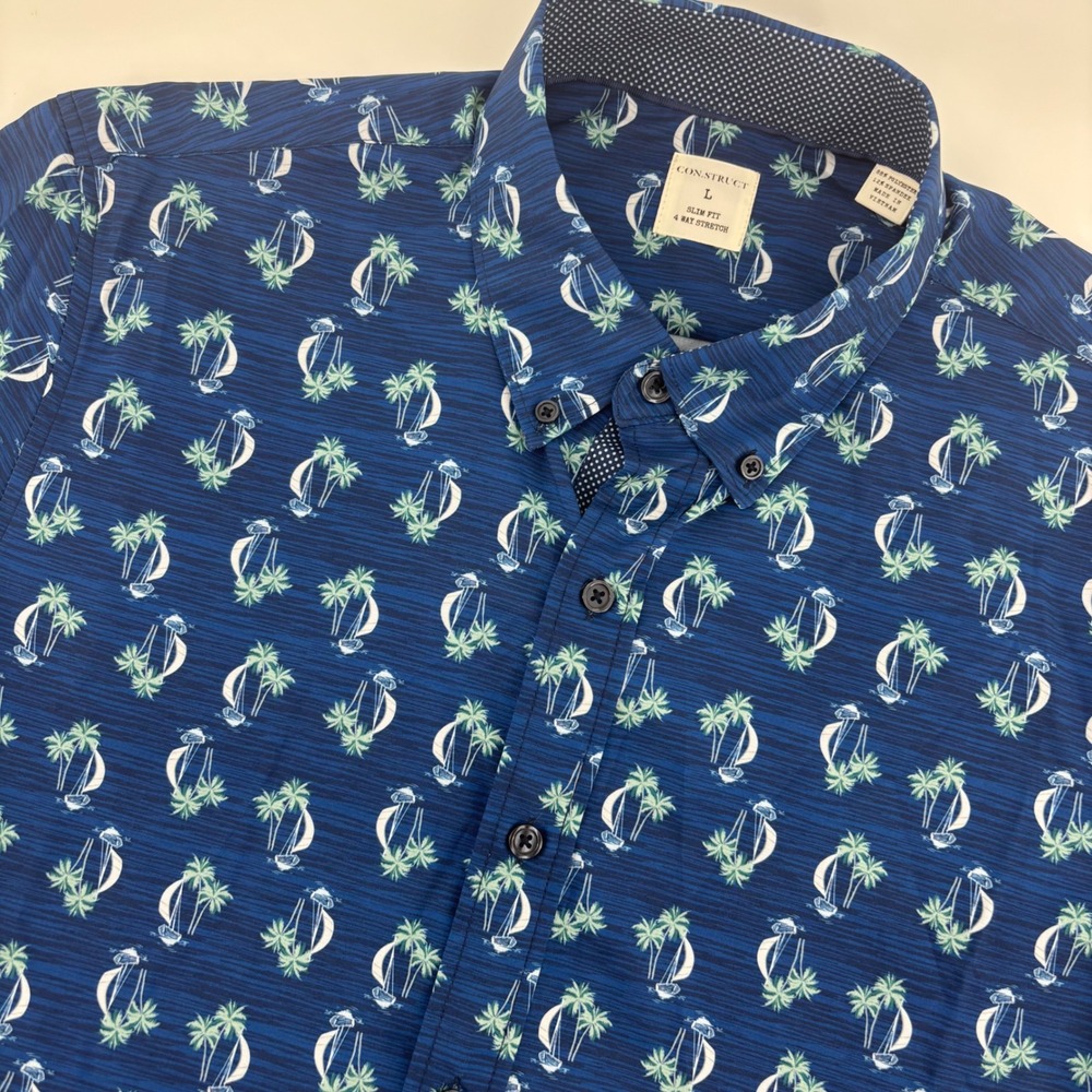 CON.STRUCT Shirt Mens Large Blue Slim Fit Nautical Sailboat Palm‎ Tree Stretch